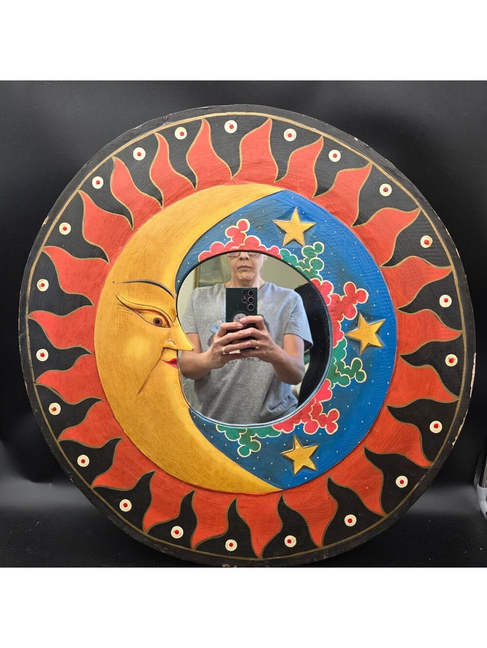 Vtg 90s Carved Wood Sun Moon Mirror Large 23” Celestial Whimsigoth Balinese